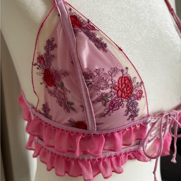 For Love And Lemons 💐 Rose Bloom Bralette Pink Floral Lace Tie-Front Bralette - Picture 3 of 7